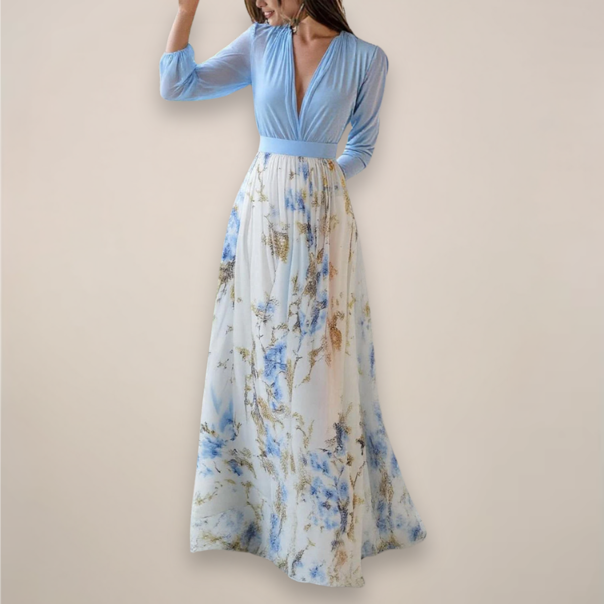 Women’s Long Sleeves Floral Maxi Dress – V-Neck Elegance