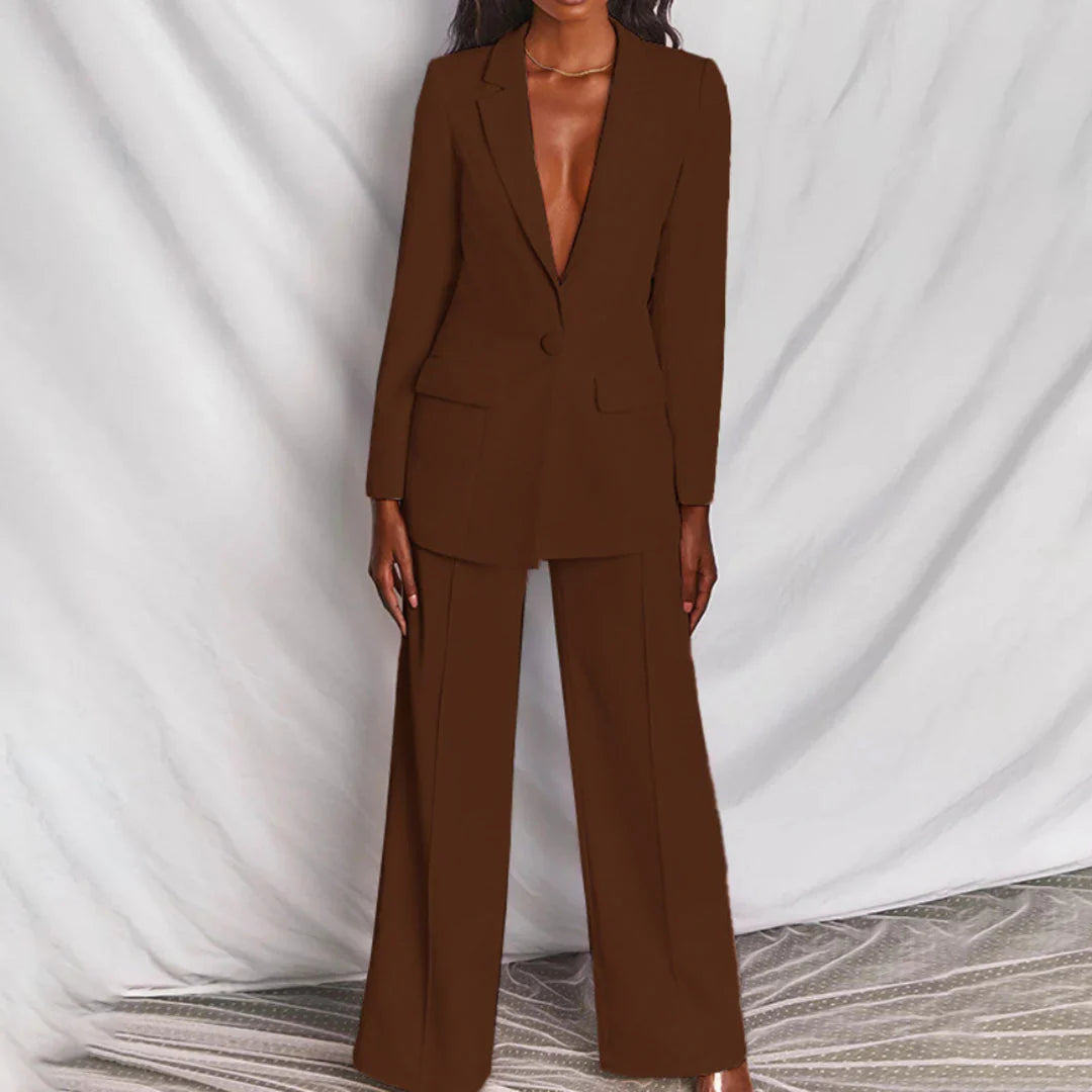 Women’s Trouser Suit – Longline Blazer, Tailored Wide-Leg