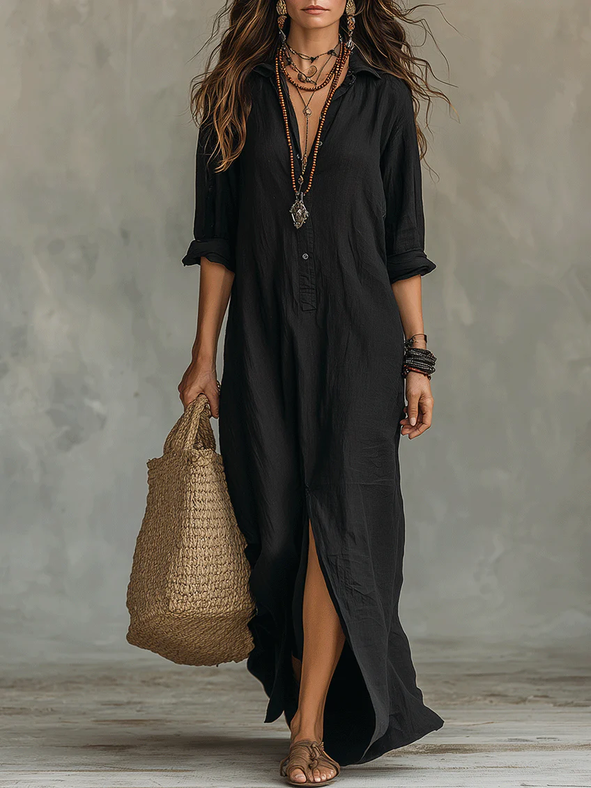 Soline™ | Loose Green Maxi Dress with Buttons