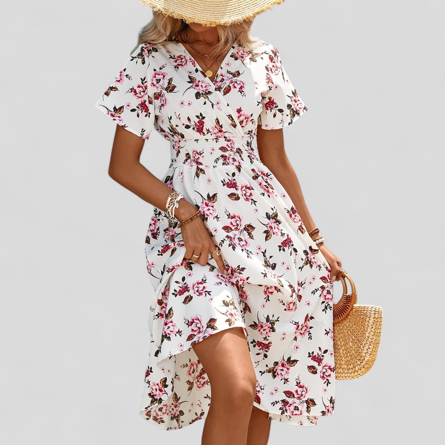 V-Neck Short Sleeve Midi Dress – Flattering Silhouette & All-Day Comfort