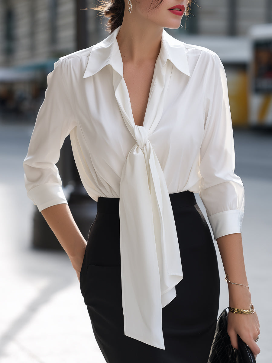 Tie-Neck Blouse And High-Waisted Pencil Skirt Tailored Set