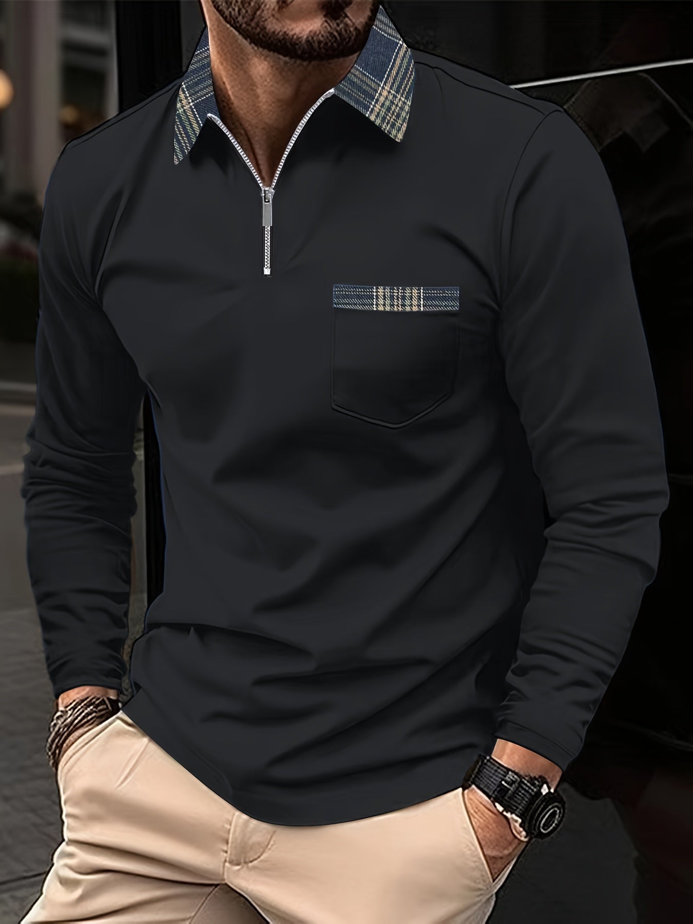 Frank Polo Long Sleeves – Zip Collar & Checkered Pattern, Elegance and Comfort Men
