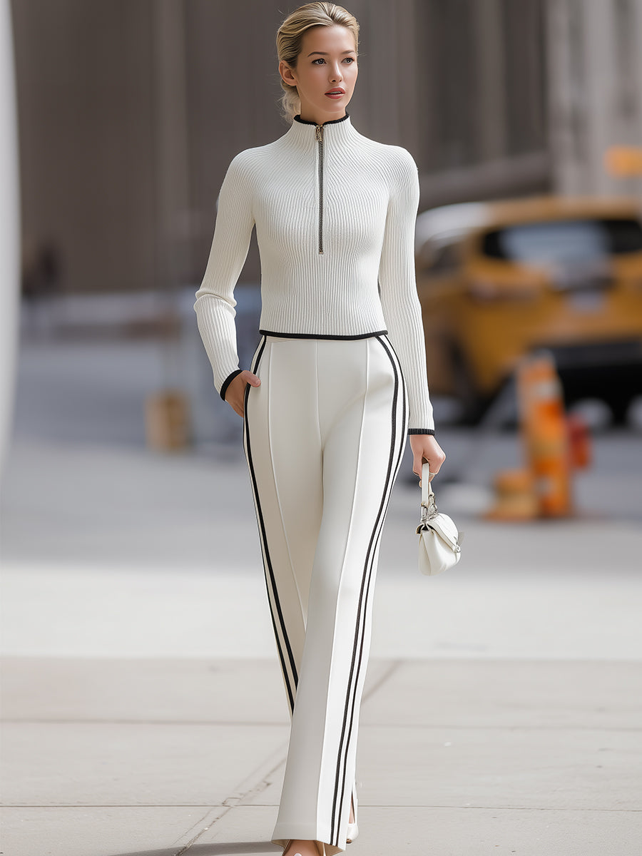 White Ribbed Knit Crop Top & Contrast Stripe Wide-Leg Pants Set