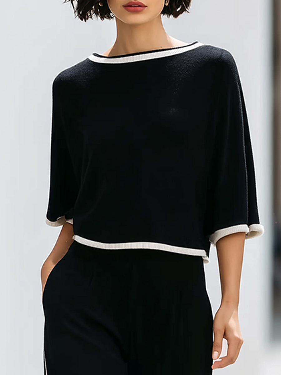 Contrast Trim Knit Lounge Set | Relaxed Short Sleeve Top & Wide-Leg Pants