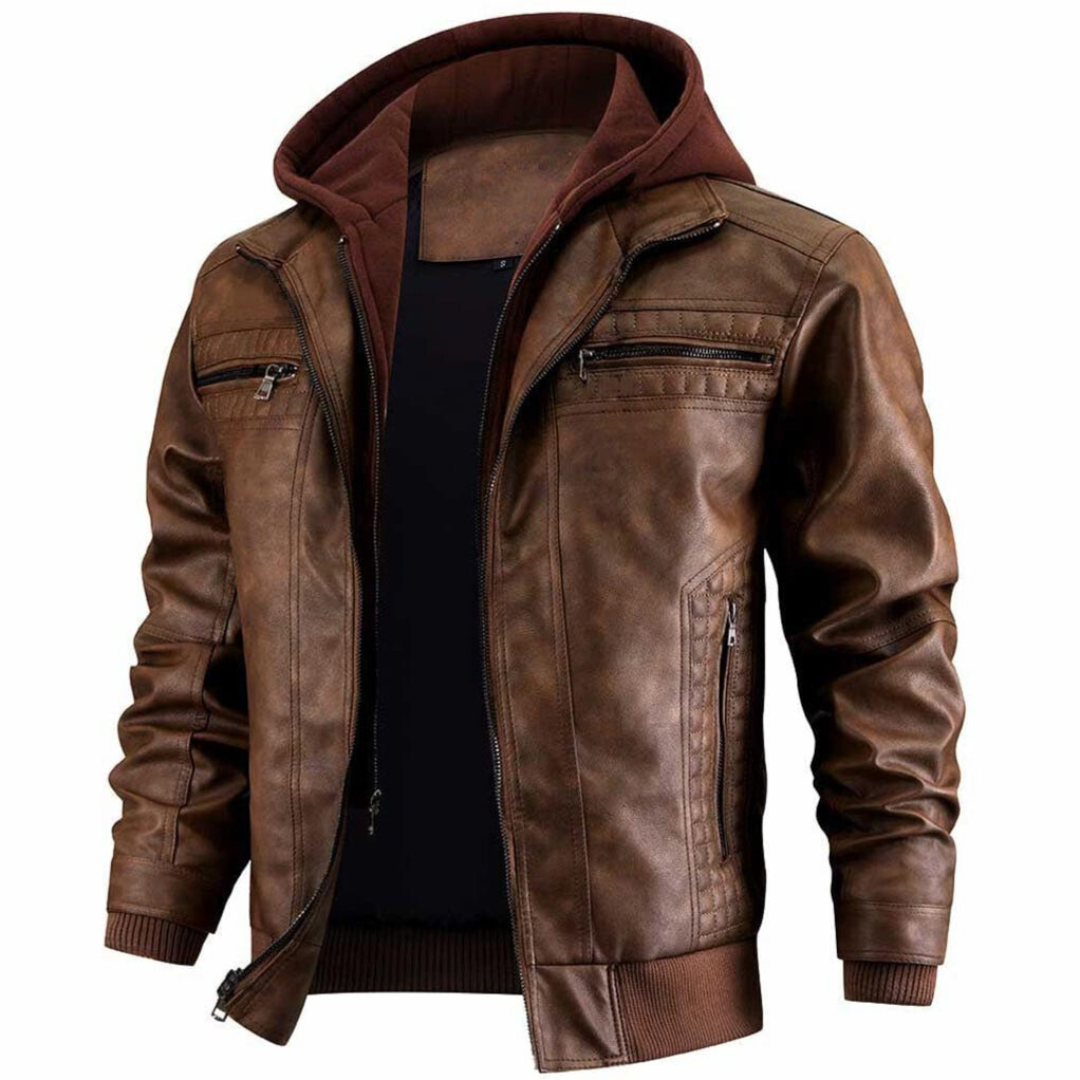 Jace Men's Leather Jacket – Retro Motorcycle Style with Hood & Zipper Closure