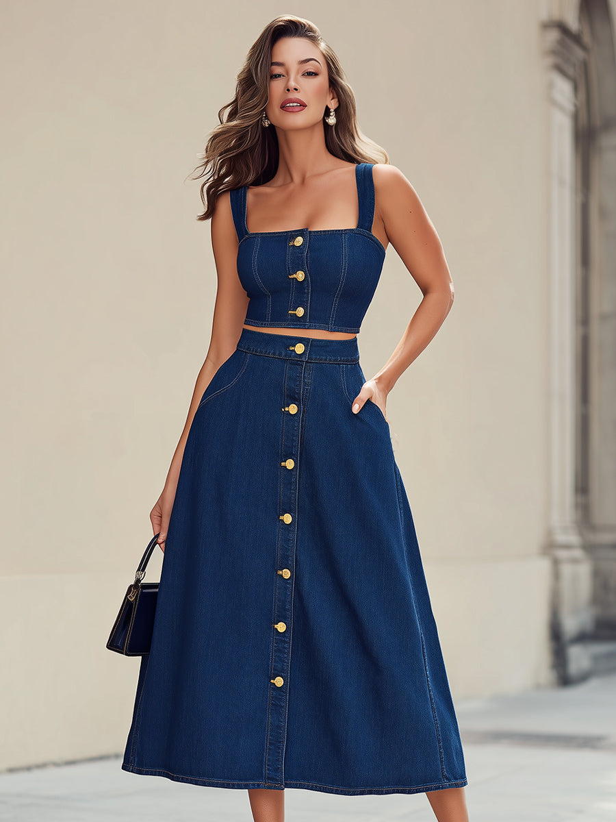 Retro Indigo Denim Bustier Crop Top & Maxi Skirt Two-Piece Set