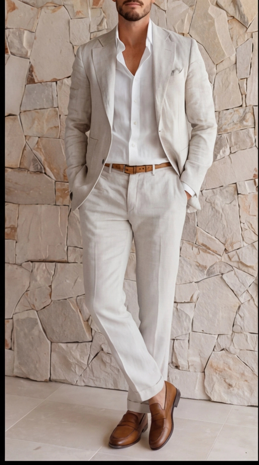 Two-Piece Linen Blend Men’s Suit – Slim Blazer & Trousers for Business & Weddings