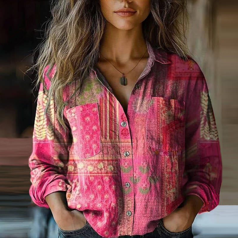 Mira Blouse Vintage Woman – Airy Blouse with Ethnic Print, Notched Collar & Long Sleeves