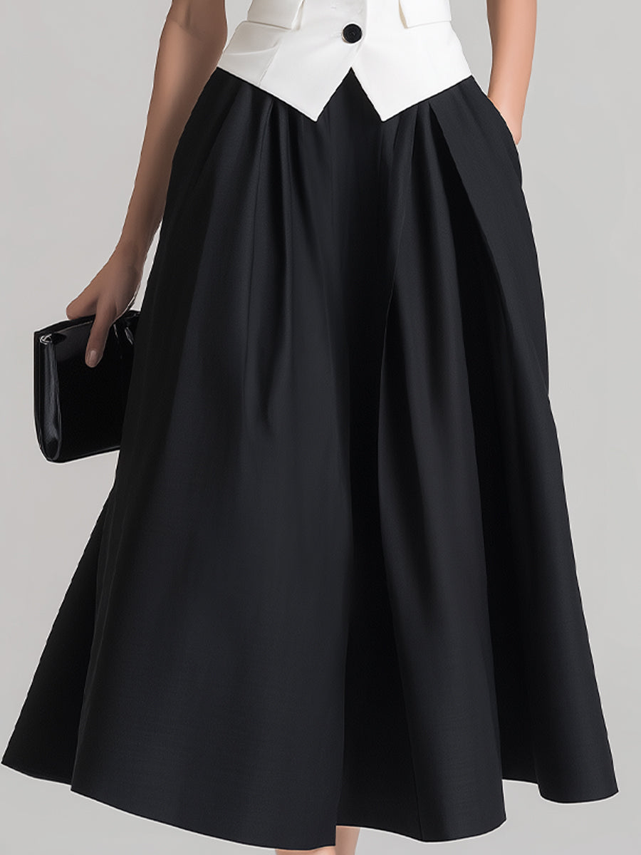 Black & White Contrast Vest Midi Skirt Set