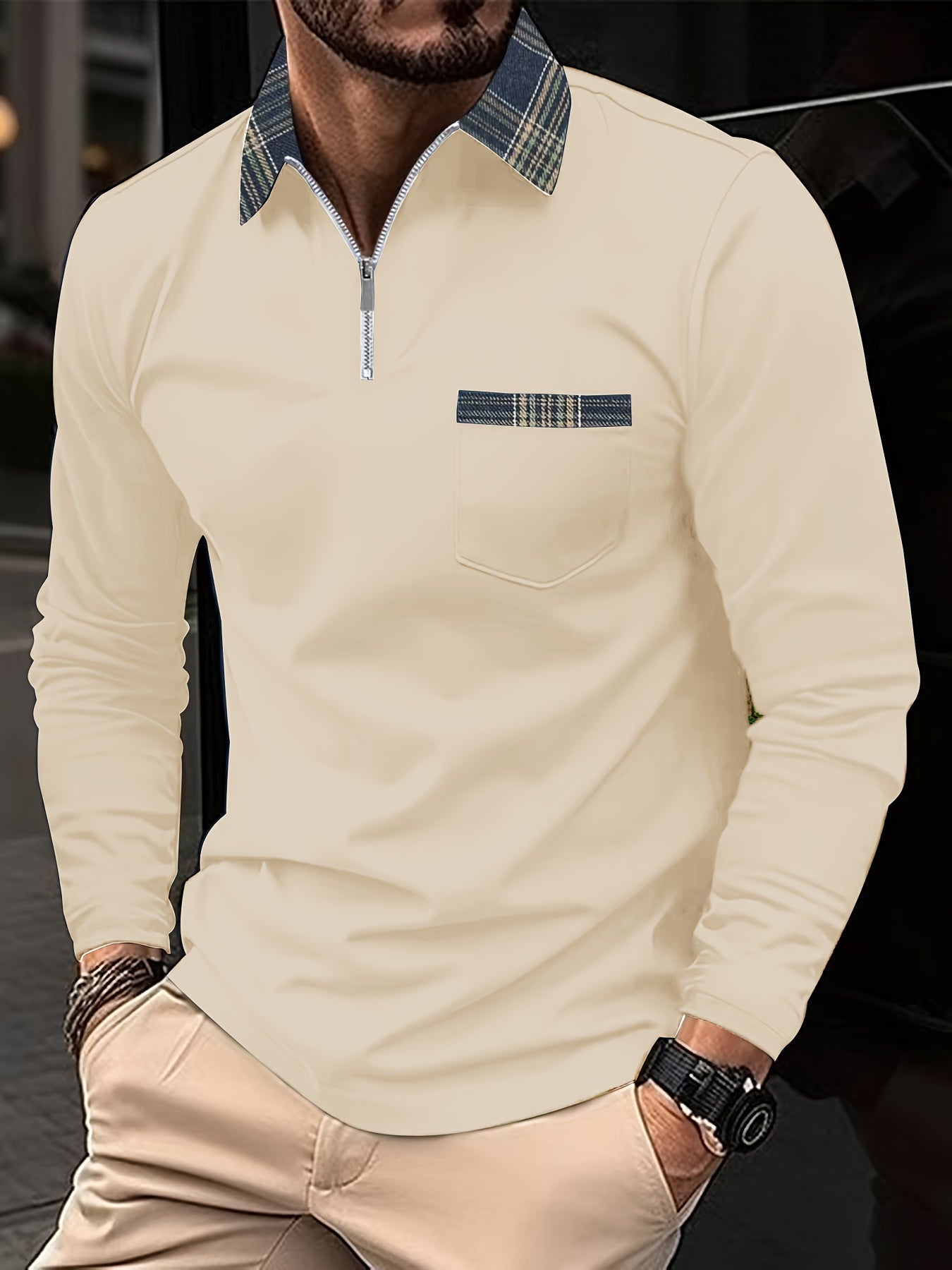 Frank Polo Long Sleeves – Zip Collar & Checkered Pattern, Elegance and Comfort Men