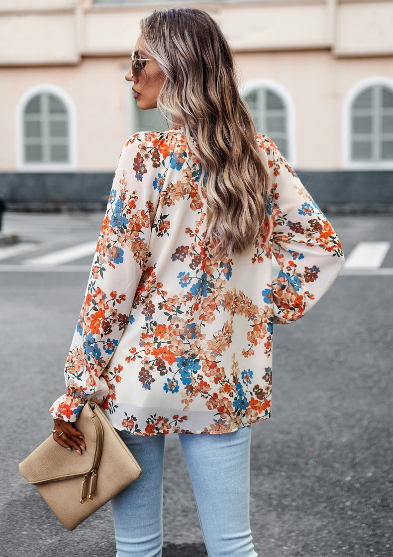 Aaliyah Blouse Femme – Lightweight Floral Top with Long Sleeves & V-Neck for Elegant Style
