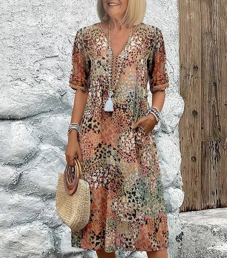 Women's Floral V-Neck Midi Dress - Short Sleeve Casual Summer Dress