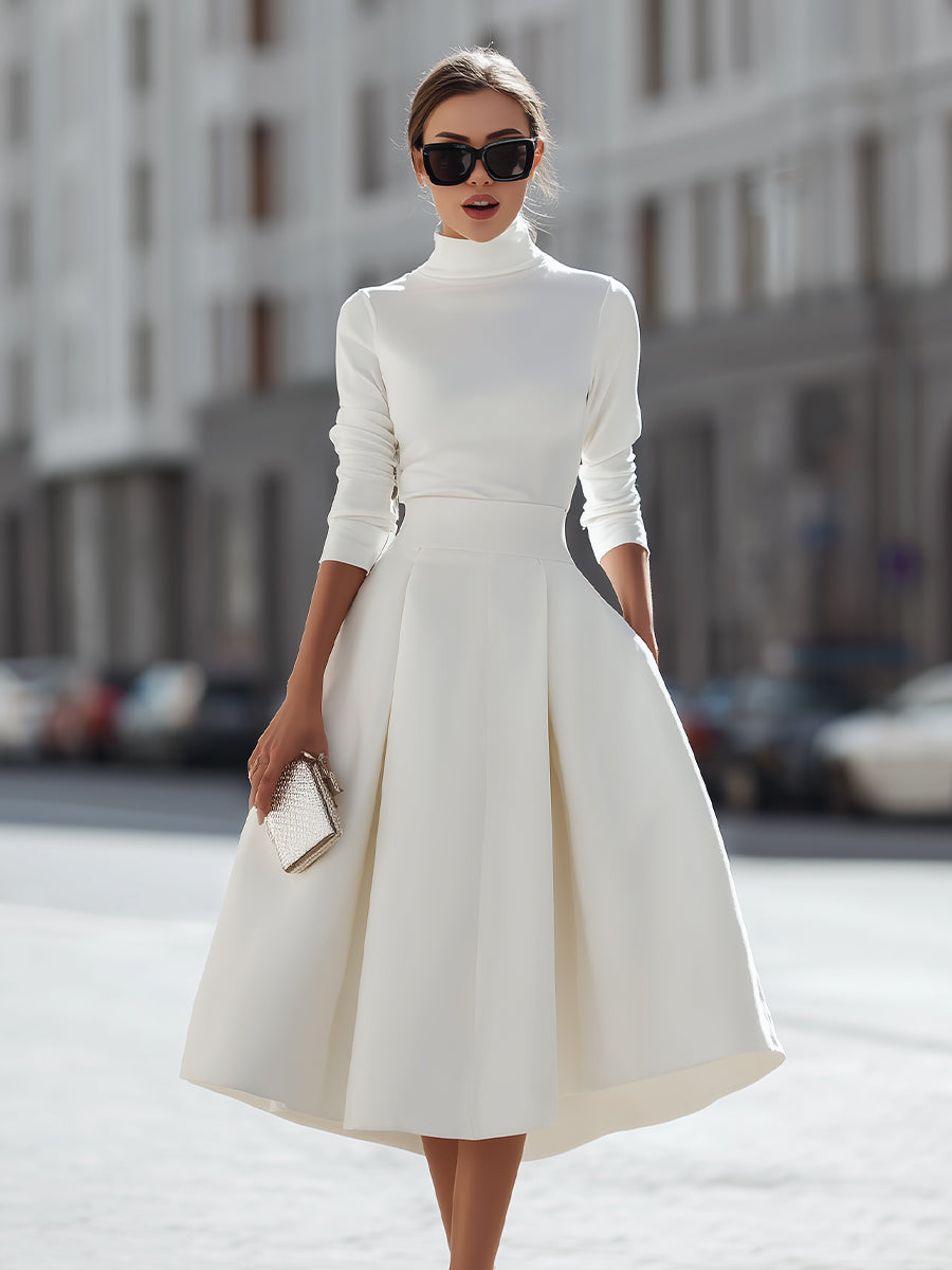 Long Sleeve High-Neck Top And Midi Skirt Two-Piece Set