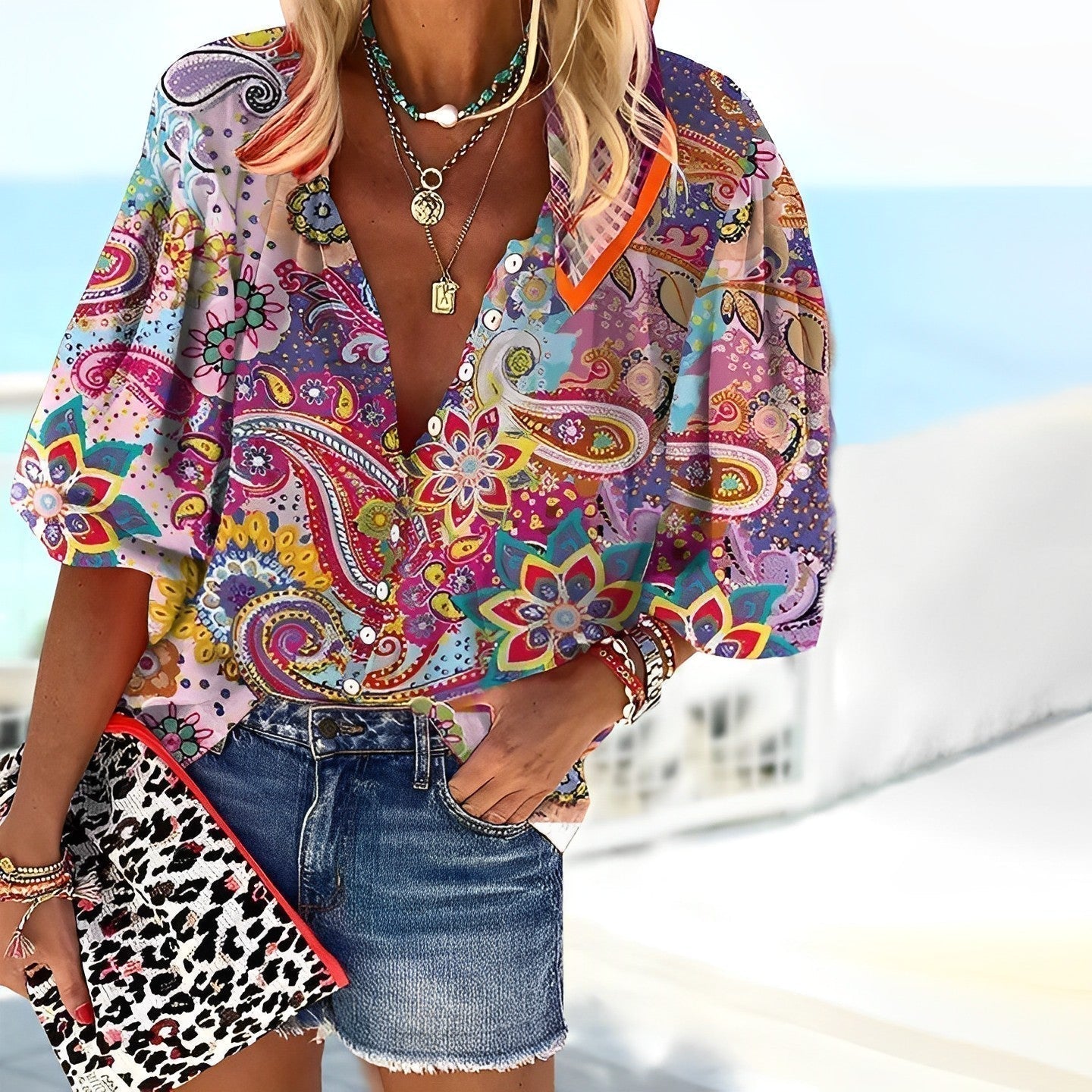 Blouse Femme Luna – Knit Top with Mandala Pattern with Long Sleeves & Comfortable Loose Fit