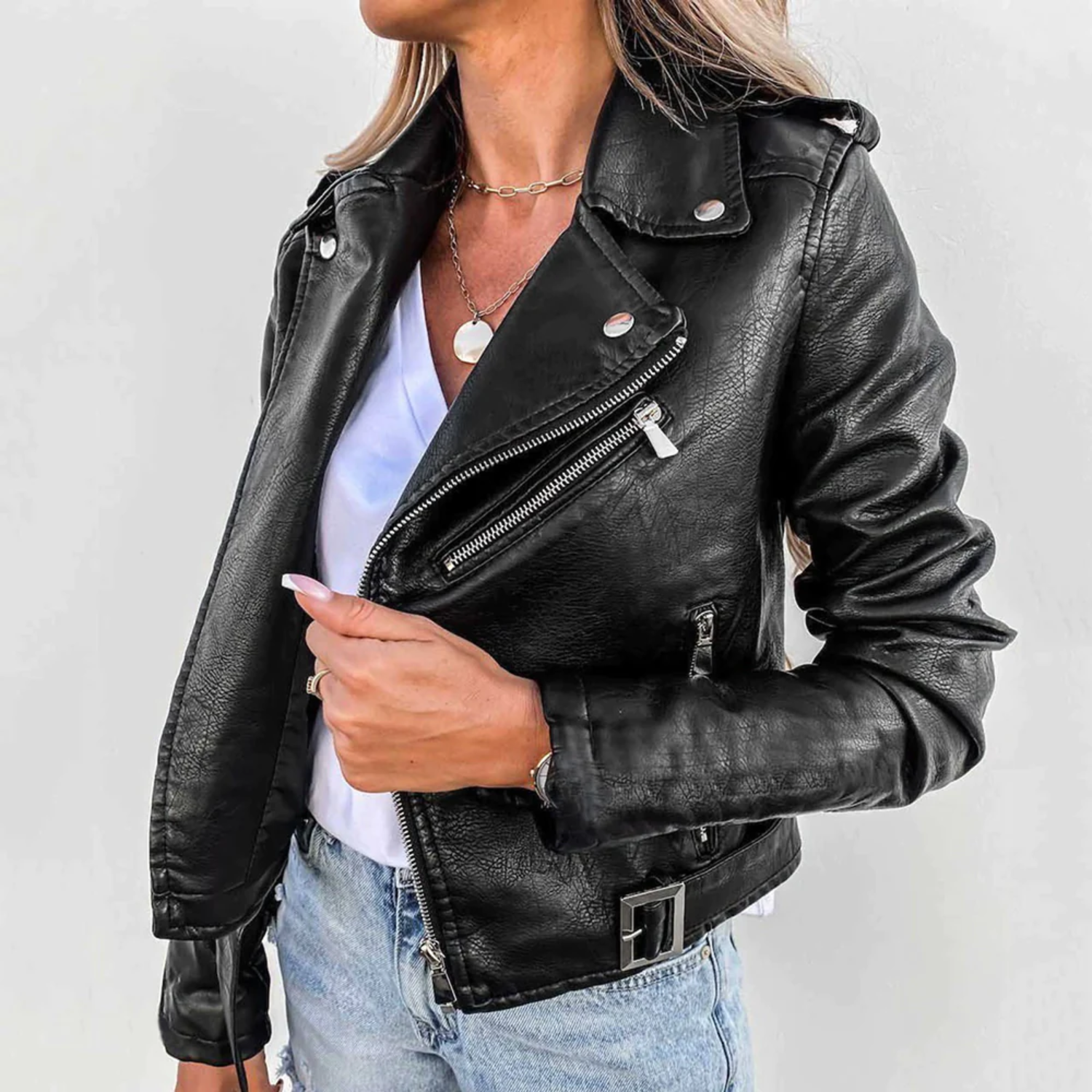 Eva Leather Jacket Women – Luxury Leather with High Collar, Belt & Elegant Design