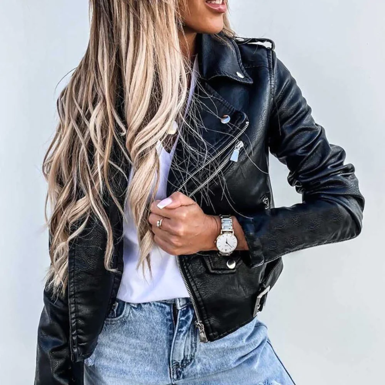 Eva Leather Jacket Women – Luxury Leather with High Collar, Belt & Elegant Design