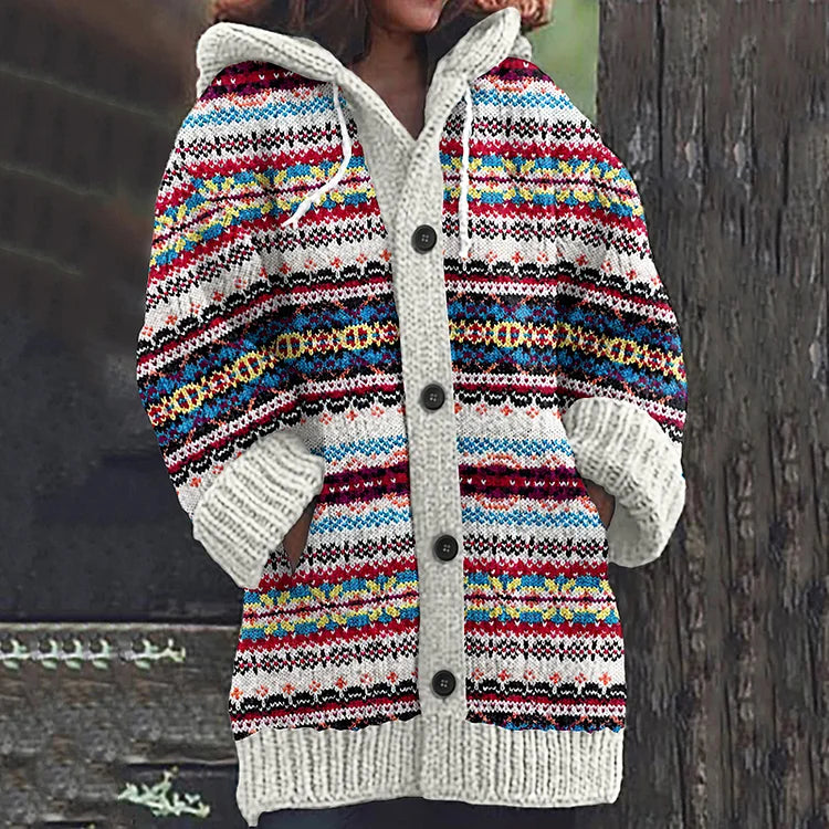 Azlea Women's Hooded Vest – Multicolored Geometric Pattern & Front Buttons