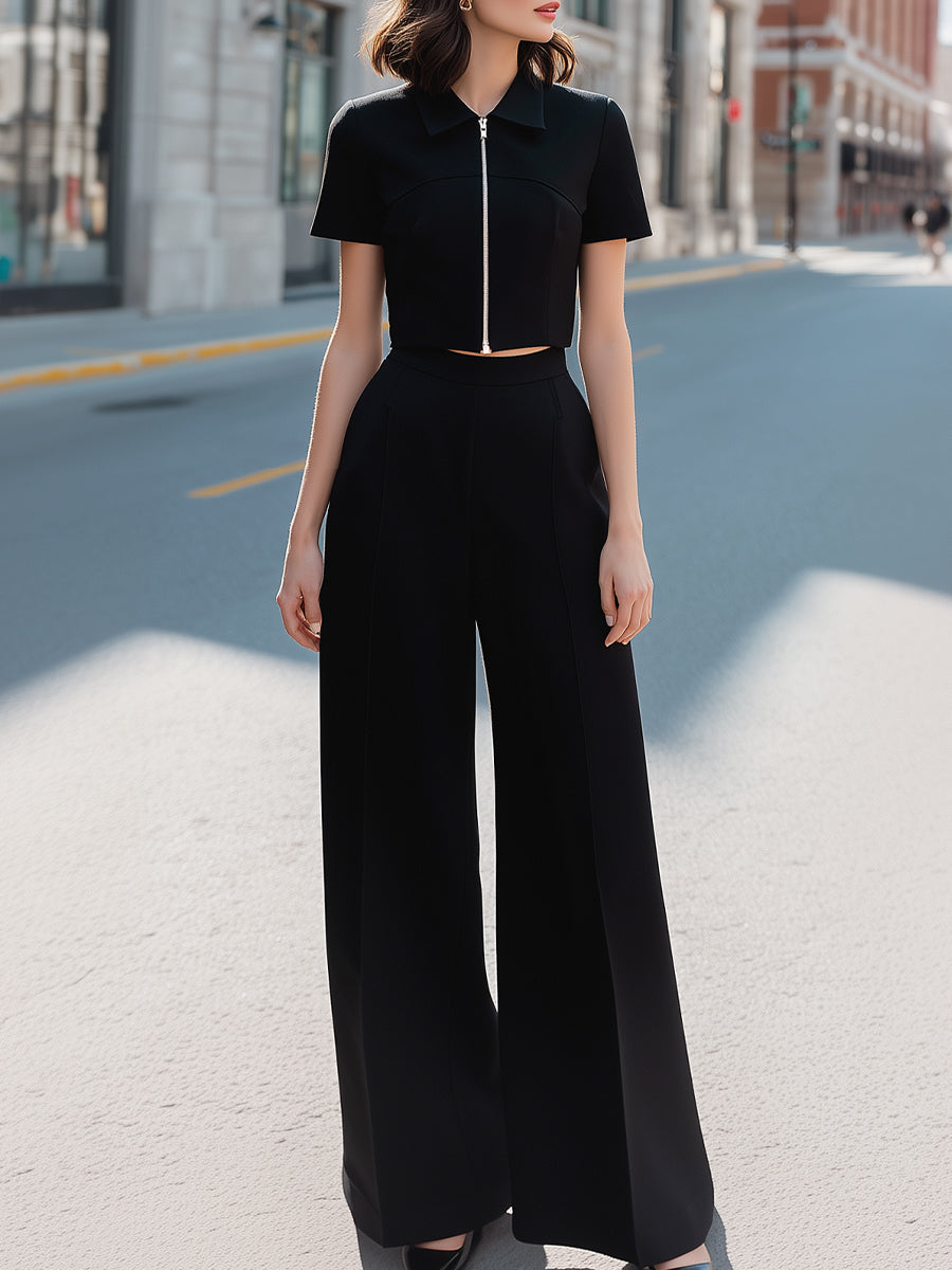 Zip-Front Cropped Top & Wide-Leg Trousers Tailored Set