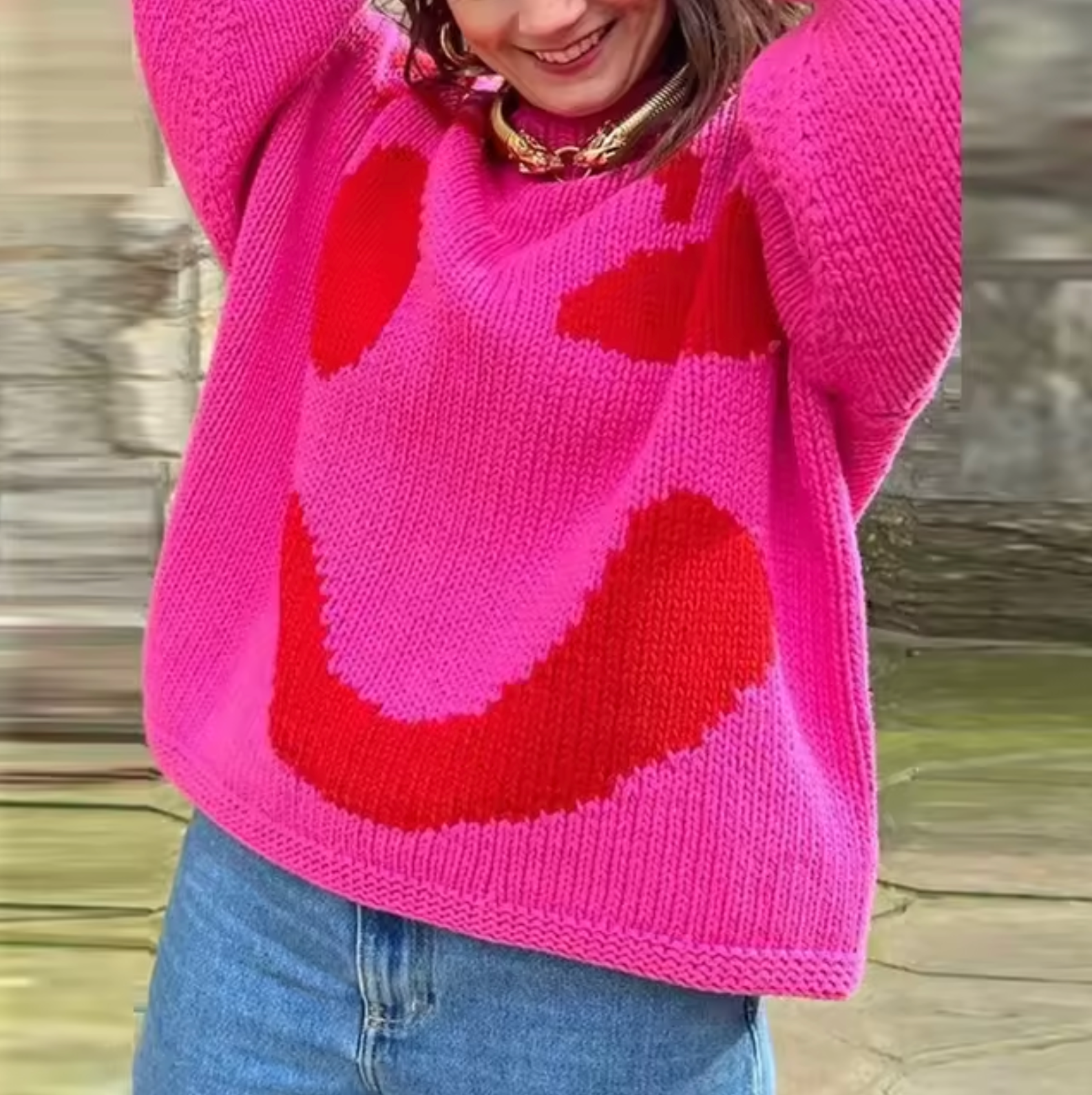 Fay Oversize Bohemian Women's Sweater – Soft Cotton Sweatshirt with Trendy Smile Pattern
