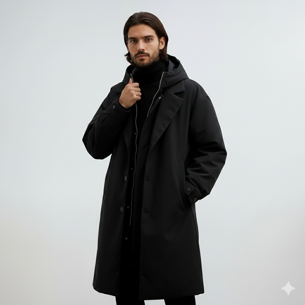 Kennington Men's Hooded Trench Coat – Elegant Long Coat with Zip and Button Closure