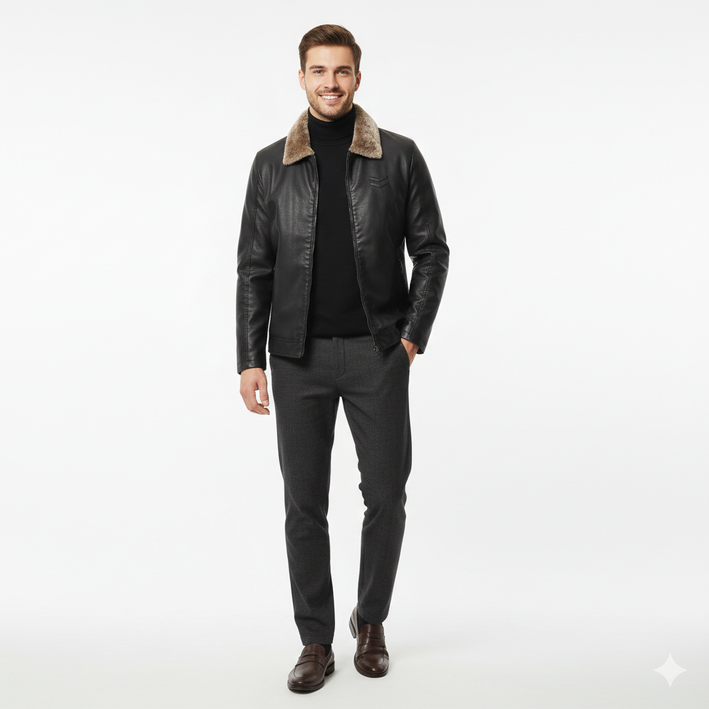 Jarlo Men's Leather Jacket – Classic Fit, Thermal Insulation & Windproof Protection