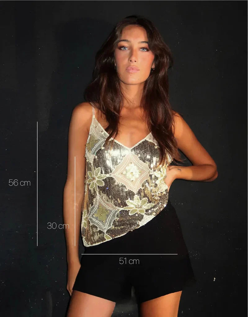 Diana Haut Femme – Elegant Floral Design Semi-Transparent with Sequins and V-Neck