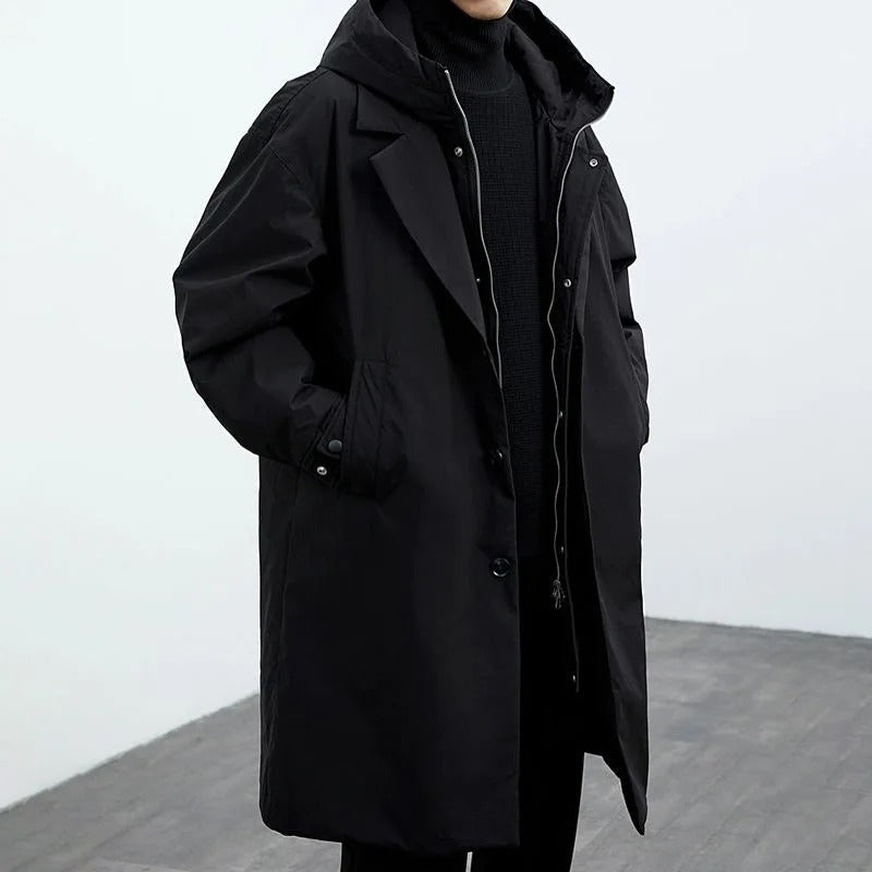 Damian Trench Coat Long Men Waterproof – Quilted Lining, Hood & Winter Warmth