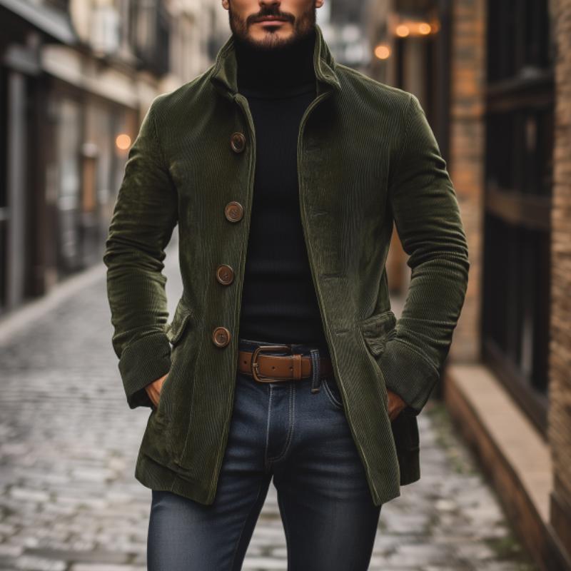 Emerson Men's Corduroy Velvet Coat – Slim Fit with Stand-up Collar & Elegant Side Pockets