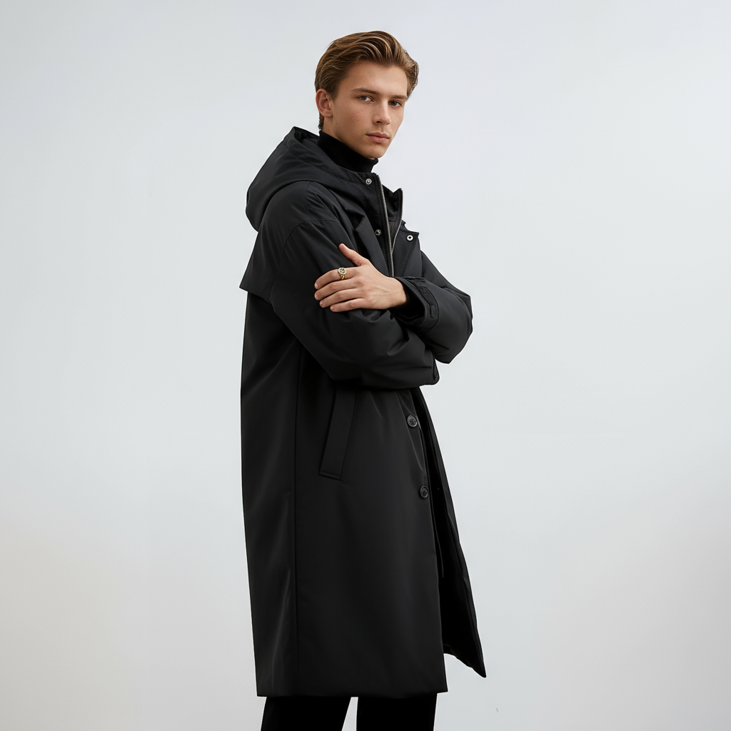 Kennington Men's Hooded Trench Coat – Elegant Long Coat with Zip and Button Closure
