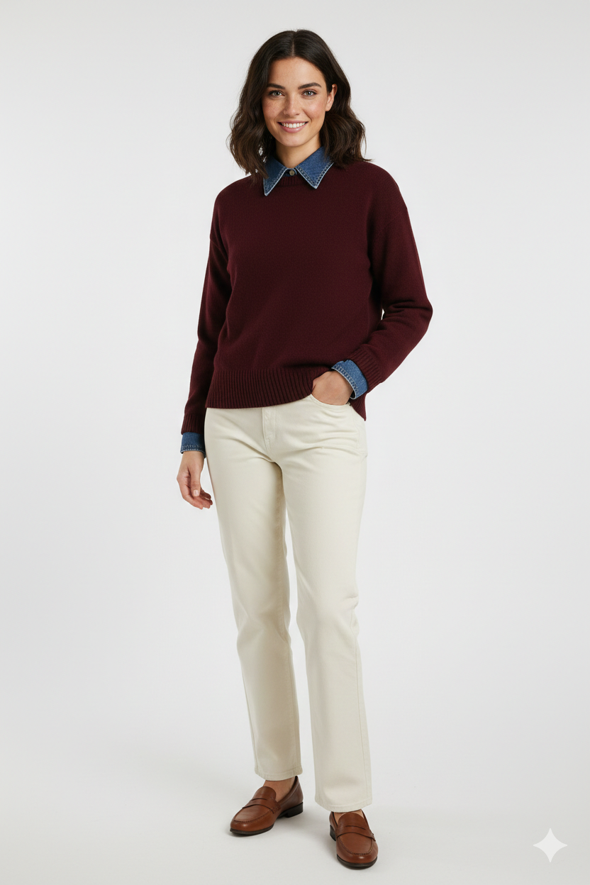 Giana Elegant Women's Sweater – Soft Knit with Denim Effect Collar & Cuffs