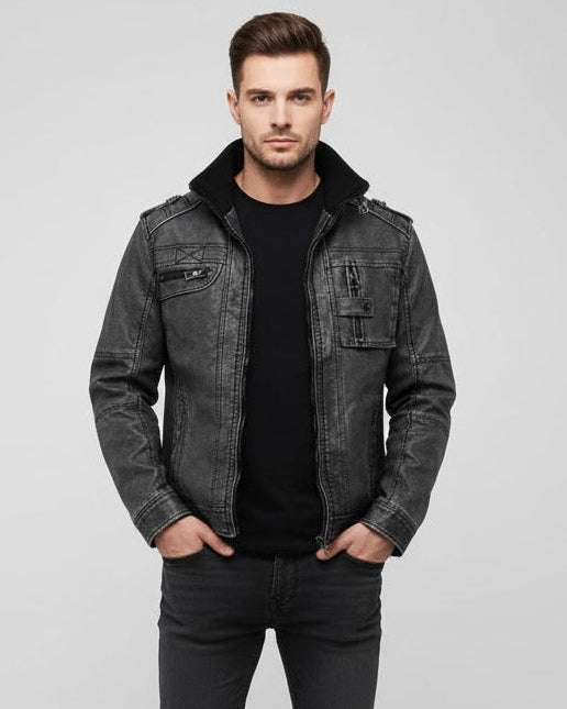 Zayron Men's Leather Jacket – Leather Blouson with Stand-Up Collar in Timeless Style