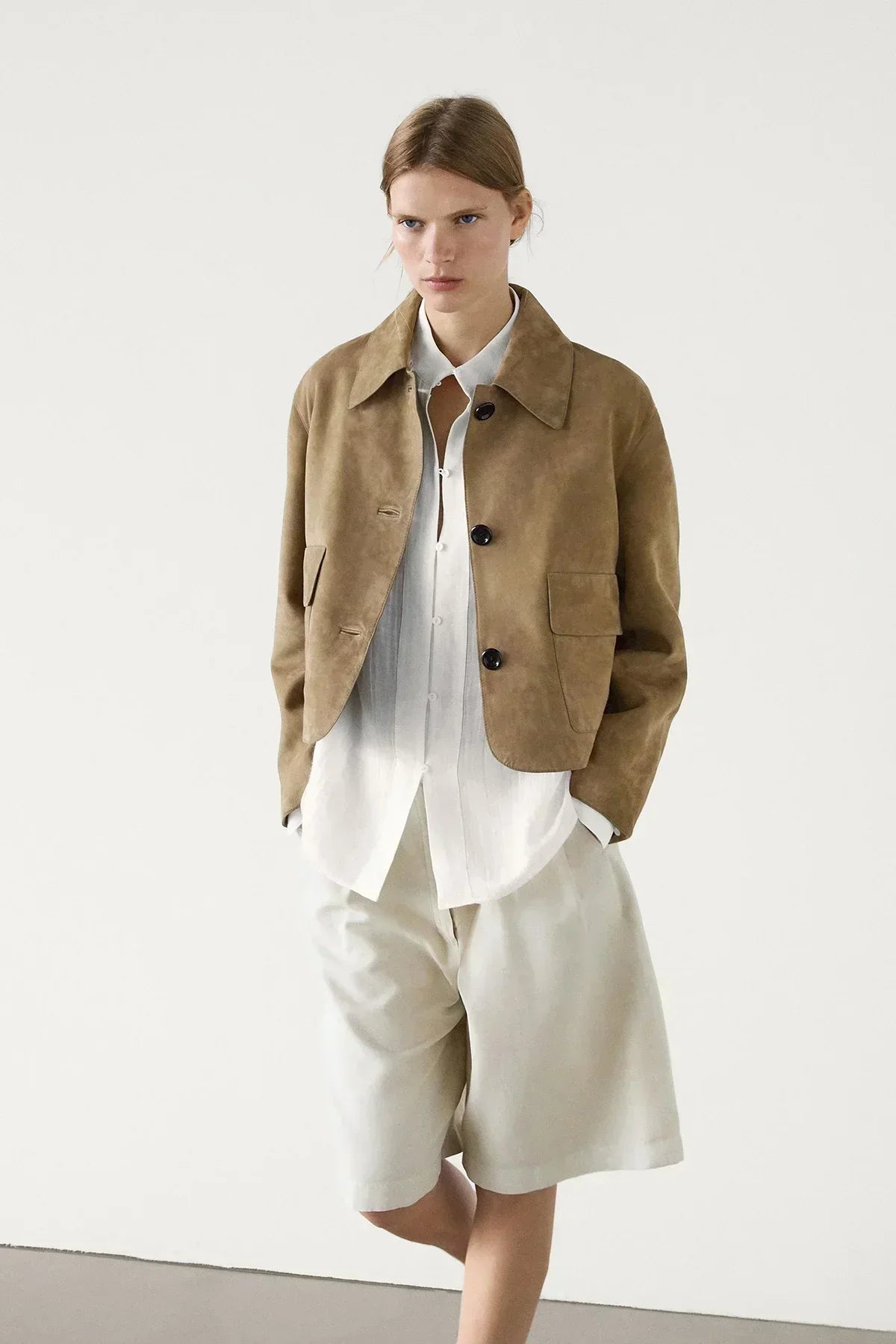 Laurel Women's Jacket – Short in Elegant Beige Suede, Minimalist & Urban Style
