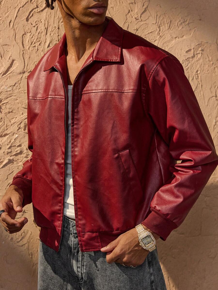 Vince Men's Jacket Faux Leather Red – Modern Zip-Up Jacket with Dropped Shoulders Urban Style