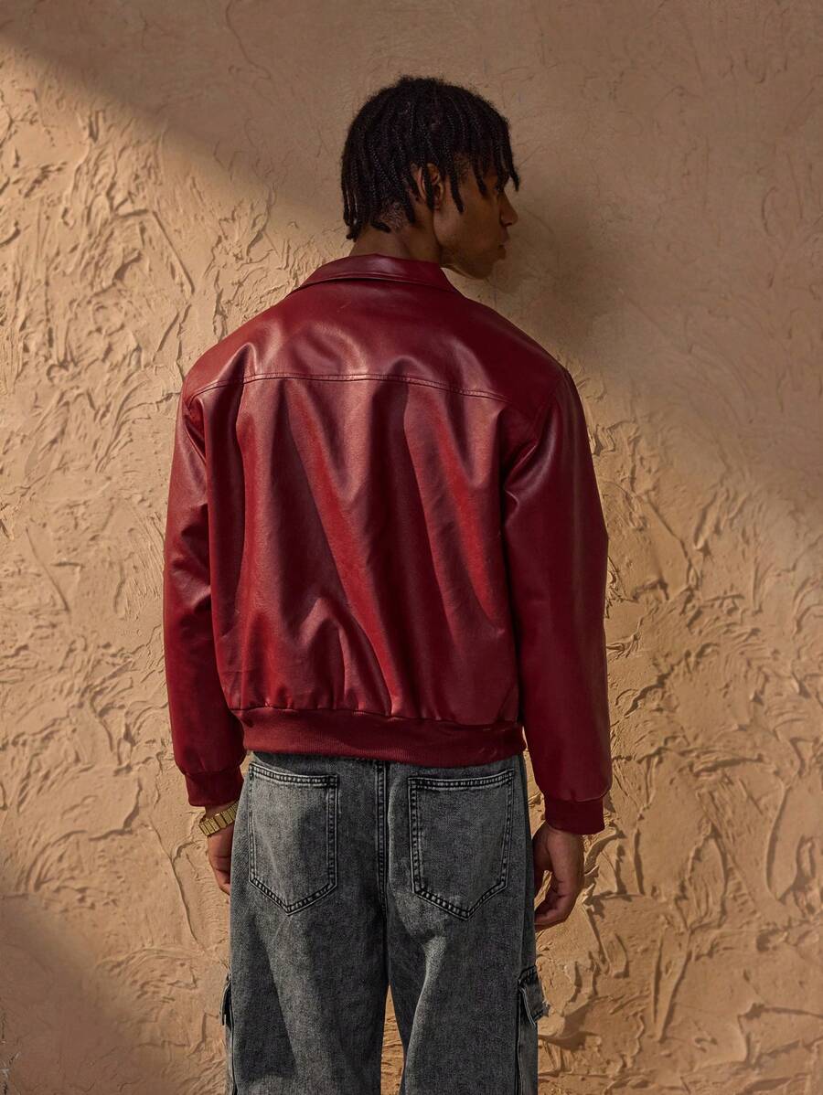Vince Men's Jacket Faux Leather Red – Modern Zip-Up Jacket with Dropped Shoulders Urban Style