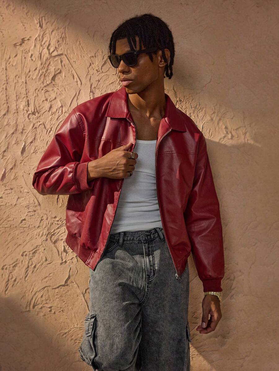 Vince Men's Jacket Faux Leather Red – Modern Zip-Up Jacket with Dropped Shoulders Urban Style