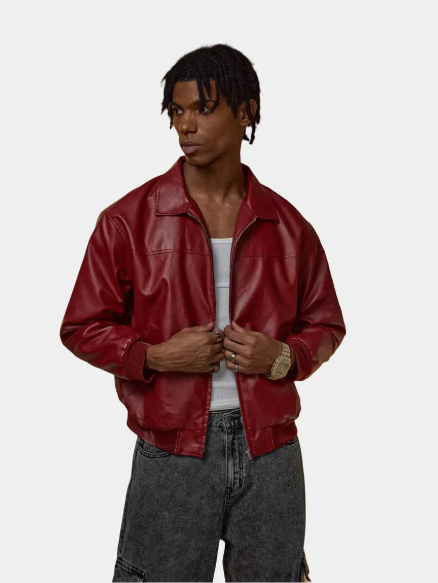 Vince Men's Jacket Faux Leather Red – Modern Zip-Up Jacket with Dropped Shoulders Urban Style