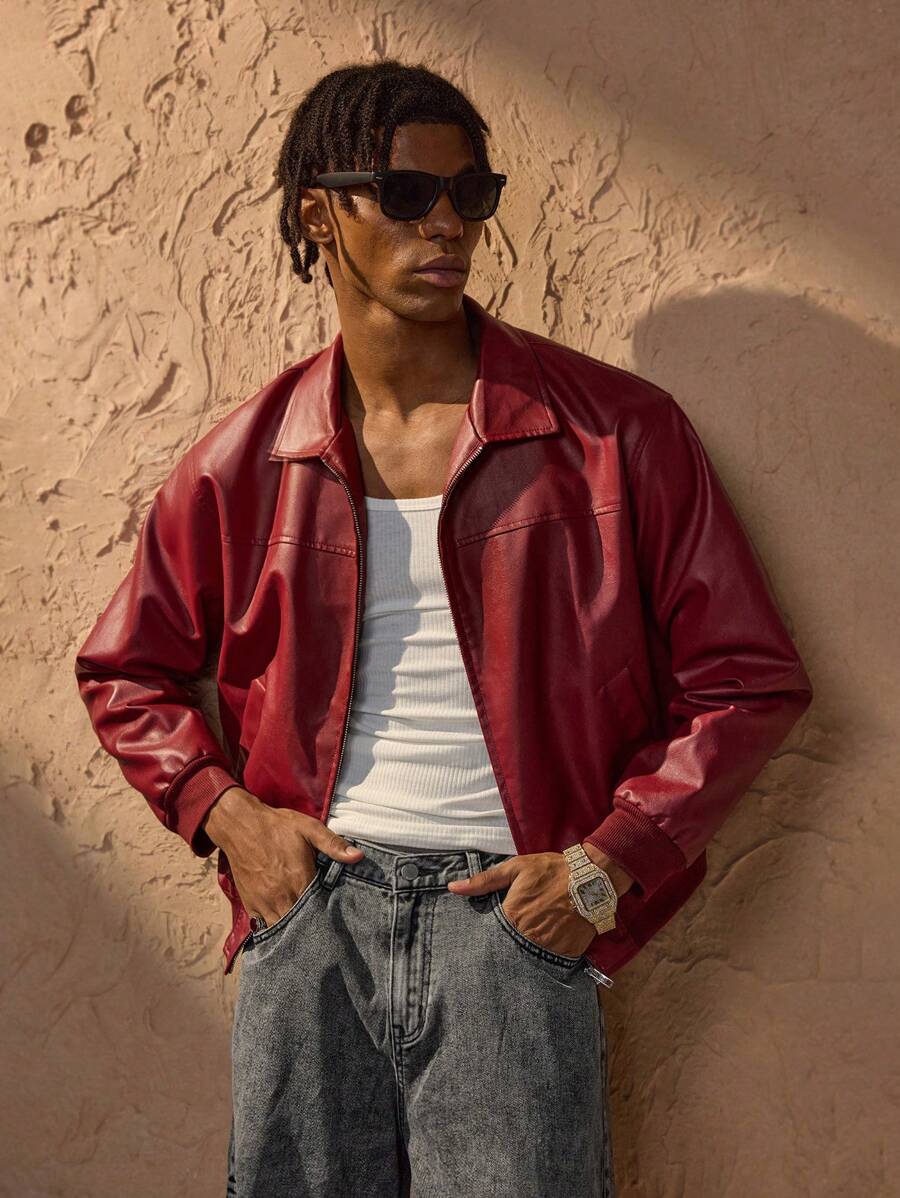 Vince Men's Jacket Faux Leather Red – Modern Zip-Up Jacket with Dropped Shoulders Urban Style