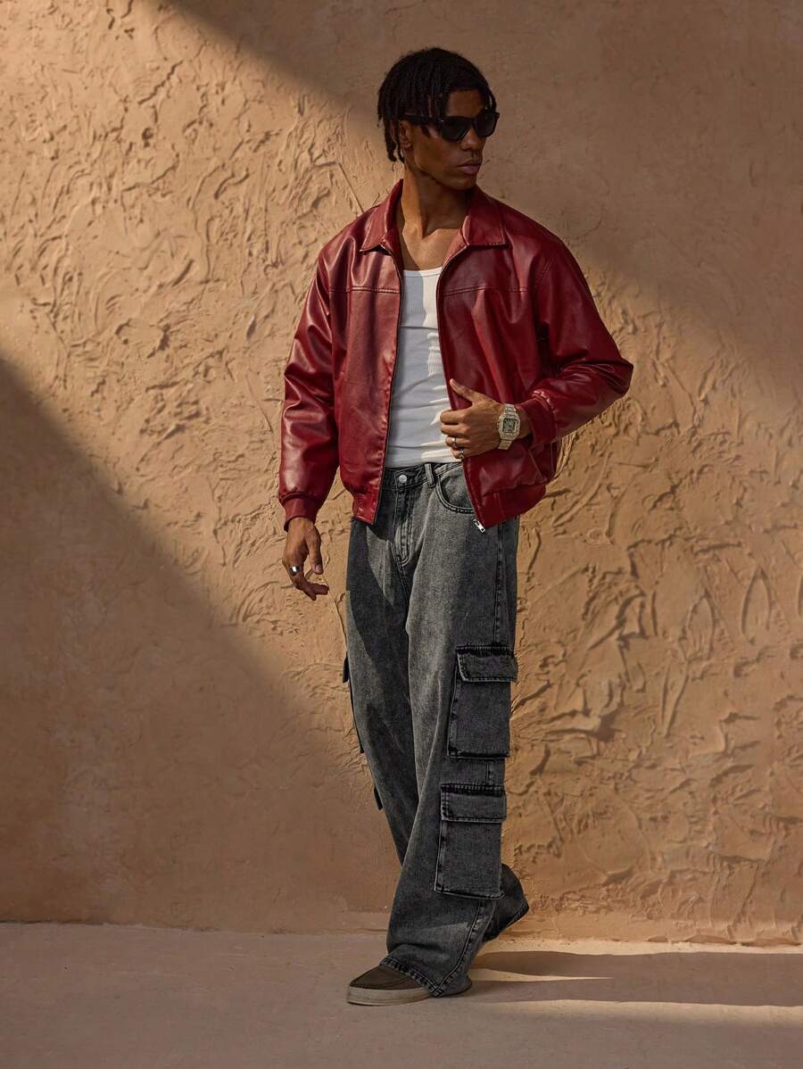 Vince Men's Jacket Faux Leather Red – Modern Zip-Up Jacket with Dropped Shoulders Urban Style