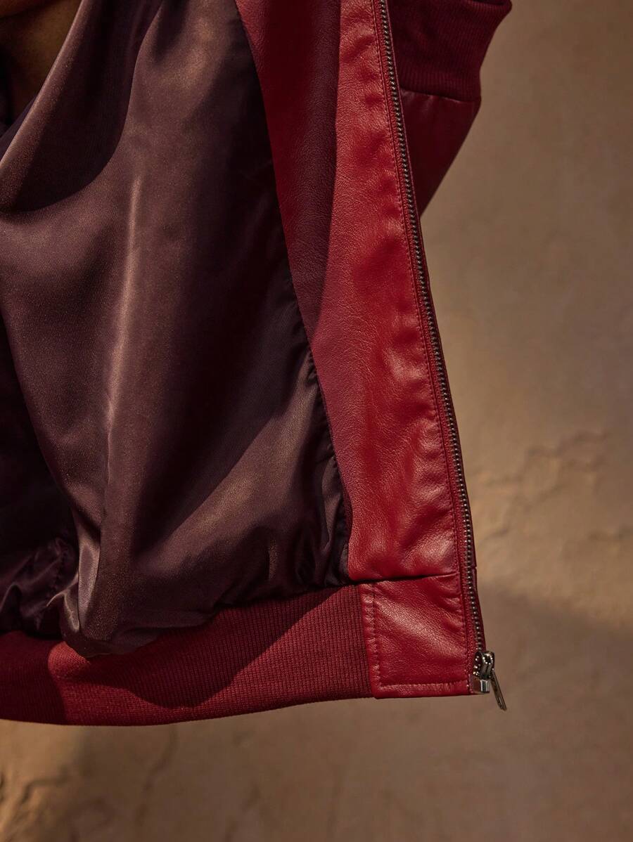 Vince Men's Jacket Faux Leather Red – Modern Zip-Up Jacket with Dropped Shoulders Urban Style