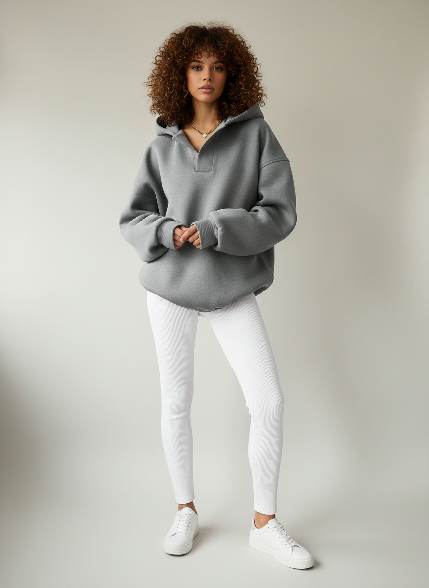 Gianna Women's Oversize V-Neck Hoodie – Modern Comfortable Fleece Sweatshirt
