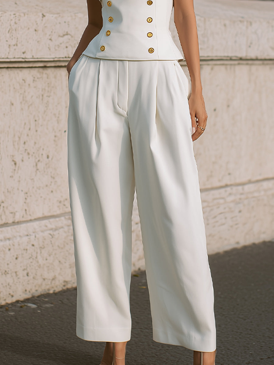 Strapless Peplum Set: Gold-Button Top & Wide-Leg Trousers