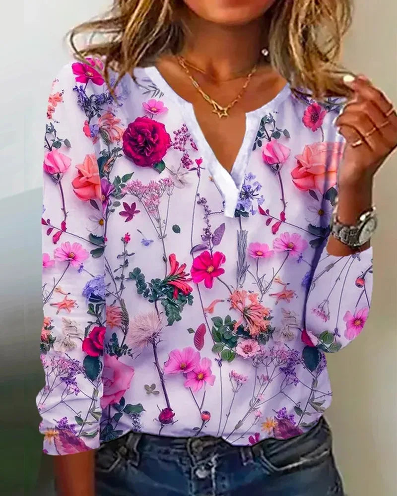 Clea Blouse Woman – Light Boho Top with V-Neckline, Long Sleeves & Floral Print