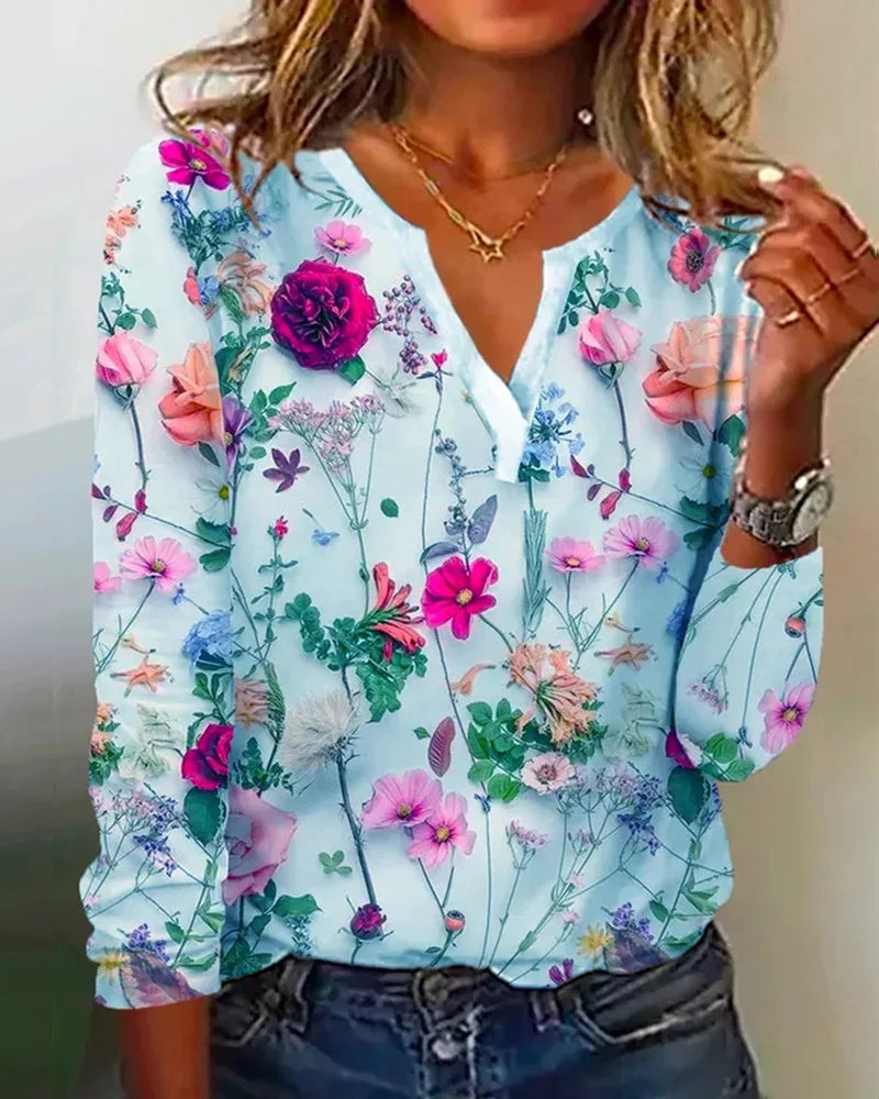 Clea Blouse Woman – Light Boho Top with V-Neckline, Long Sleeves & Floral Print