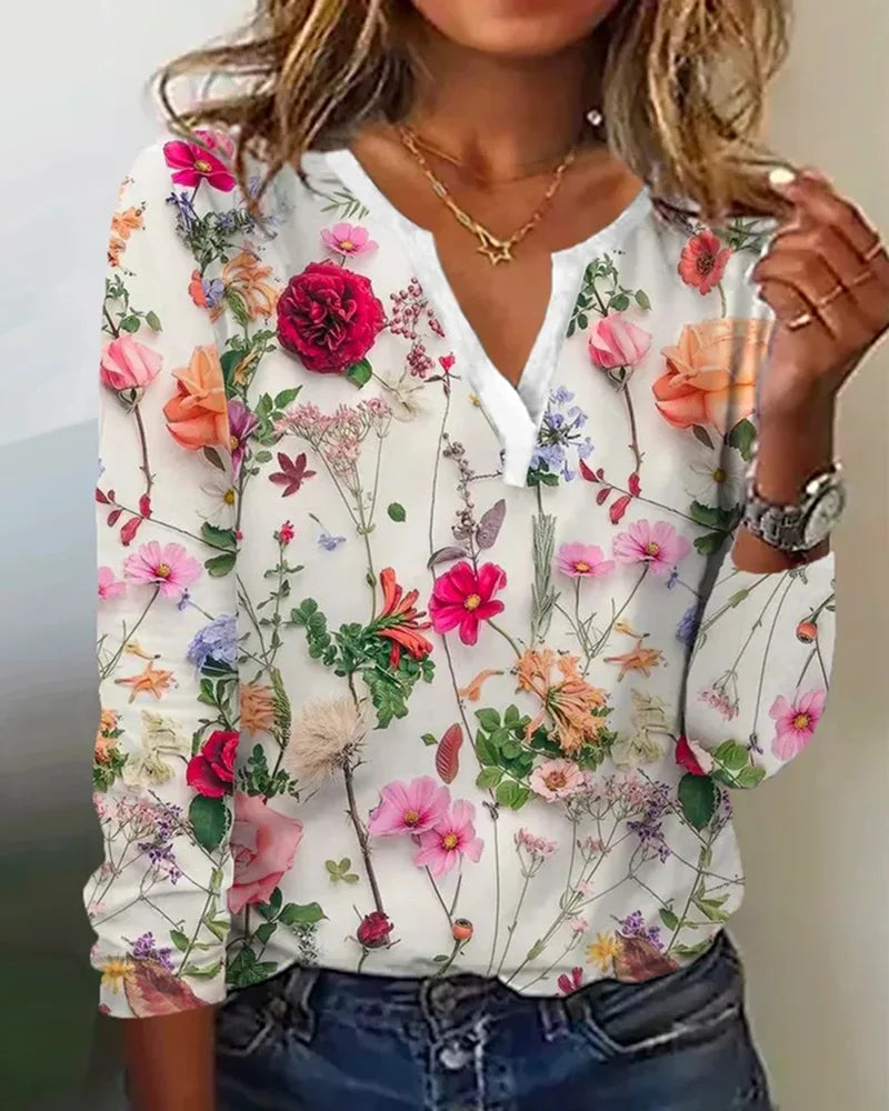 Clea Blouse Woman – Light Boho Top with V-Neckline, Long Sleeves & Floral Print