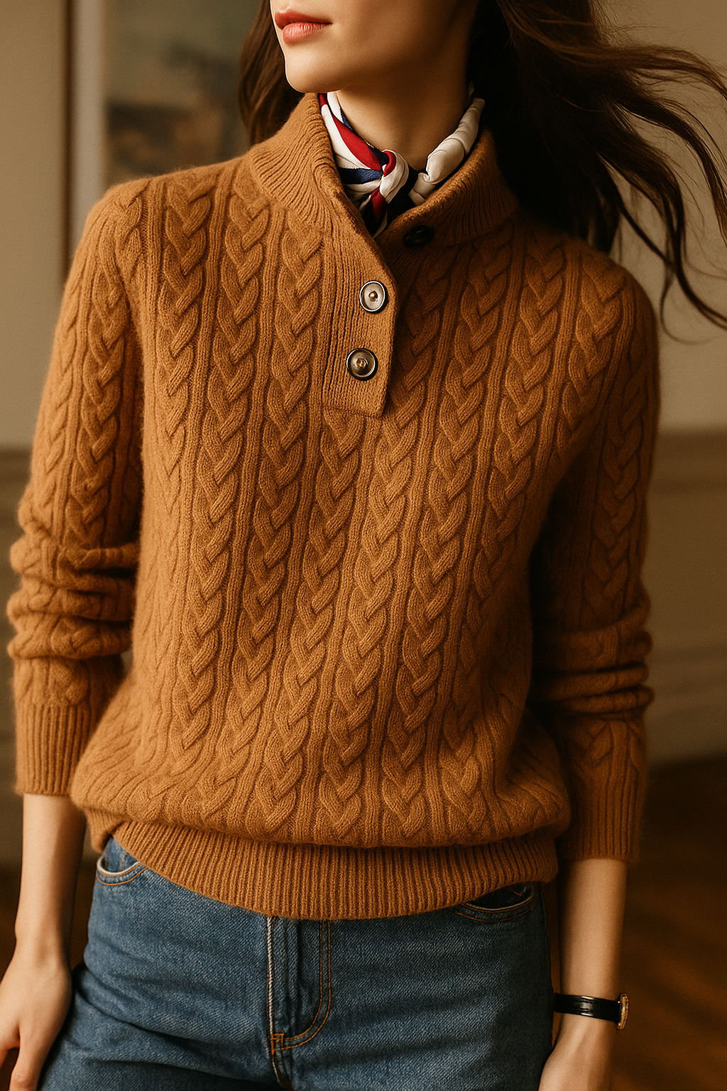 Sharmaine Women's Buttoned Sweater – Soft Cable Knit Sweater with Elegant Collar