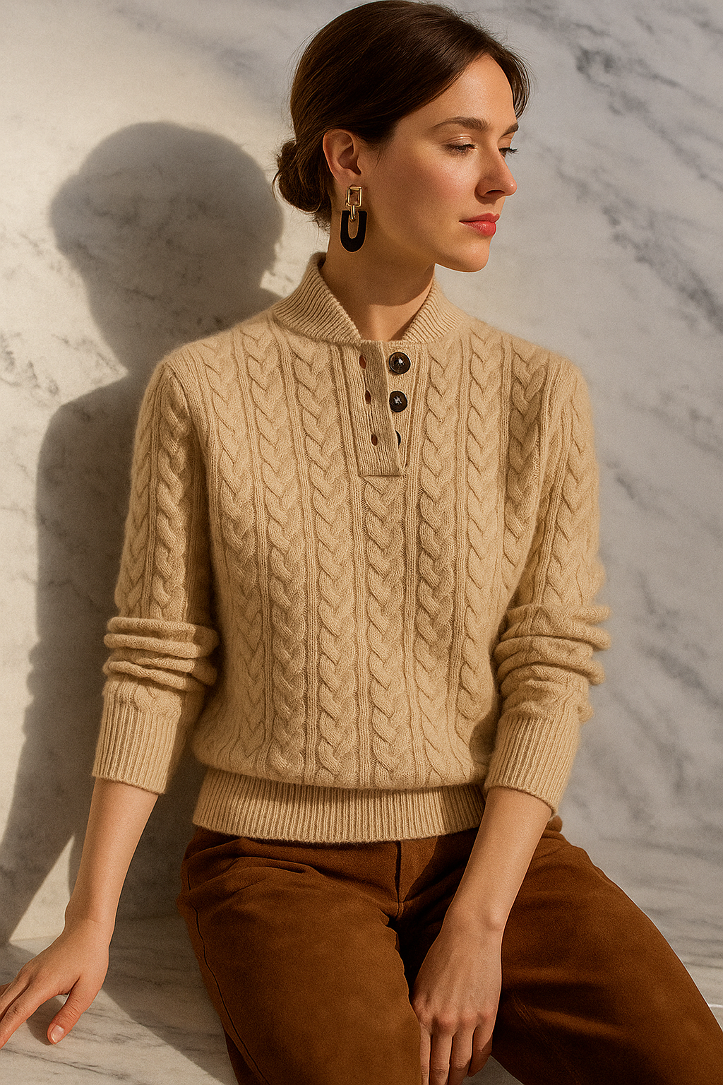 Sharmaine Women's Buttoned Sweater – Soft Cable Knit Sweater with Elegant Collar