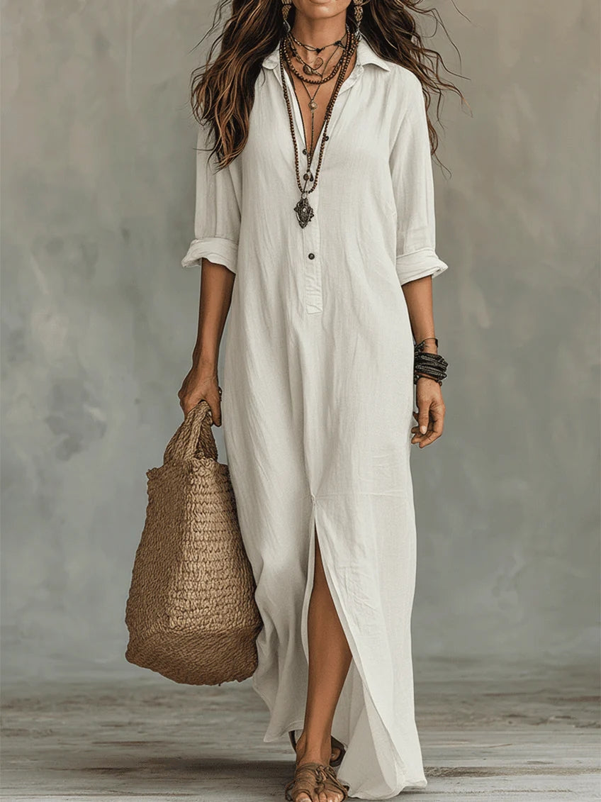 Soline™ | Loose Green Maxi Dress with Buttons