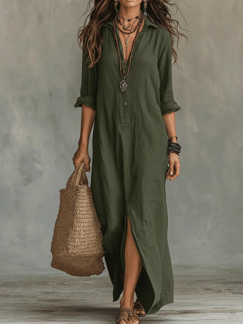 Soline™ | Loose Green Maxi Dress with Buttons