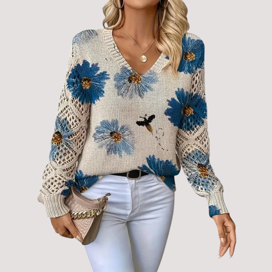 Nancy Women's Lightweight Knit Sweater – Breathable Mesh with Floral Pattern & Elegant V-Neck