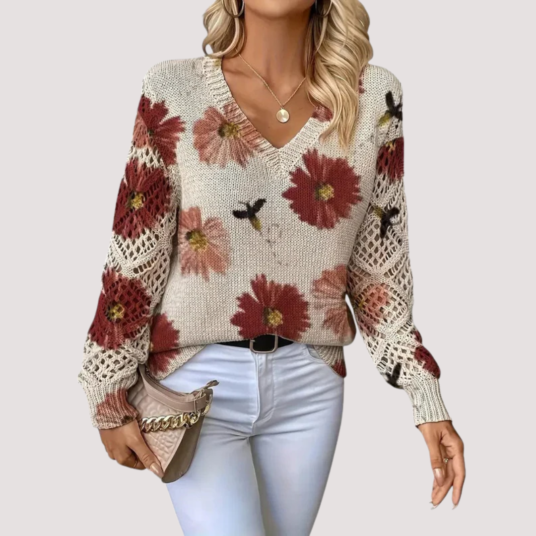 Nancy Women's Lightweight Knit Sweater – Breathable Mesh with Floral Pattern & Elegant V-Neck